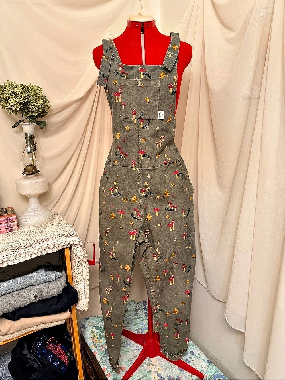 The Rainbow Unisaur Mushrooms Adult Stretch Twill Dungarees Floral Gray & Red
